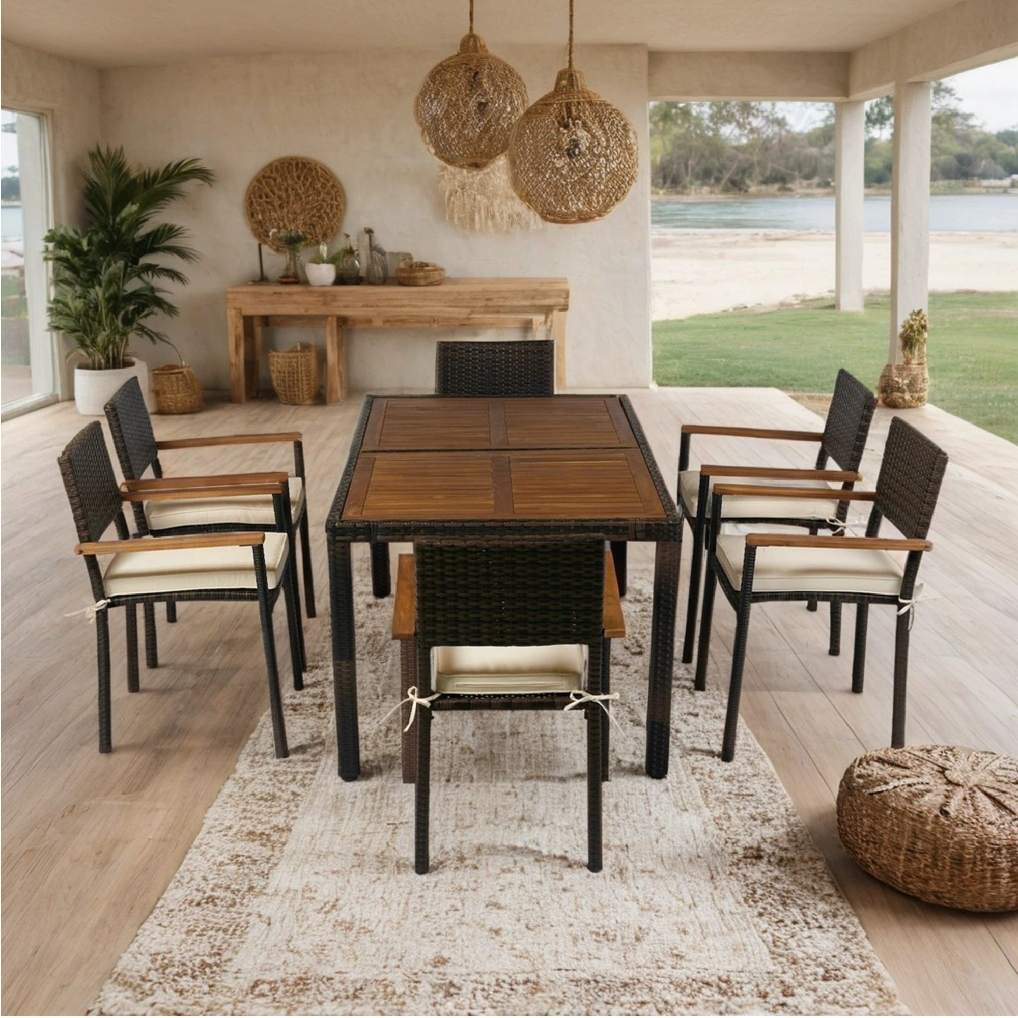7 Pieces Patio Conversation Set,Outdoor Dining Set with Rectangular Table,Brown Wicker + Cream Cushion