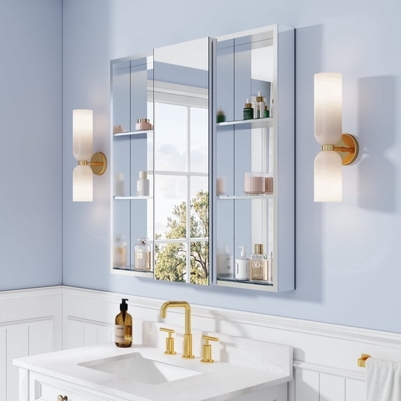 ANGELES HOME 36" x 36" Aluminum Bathroom Medicine Cabinet and Open Shelf Se with Copper-Free Tri-View Mirror, Recessed or Surface Mount Bathroom Mirror Cabinet with Soft-Close Door