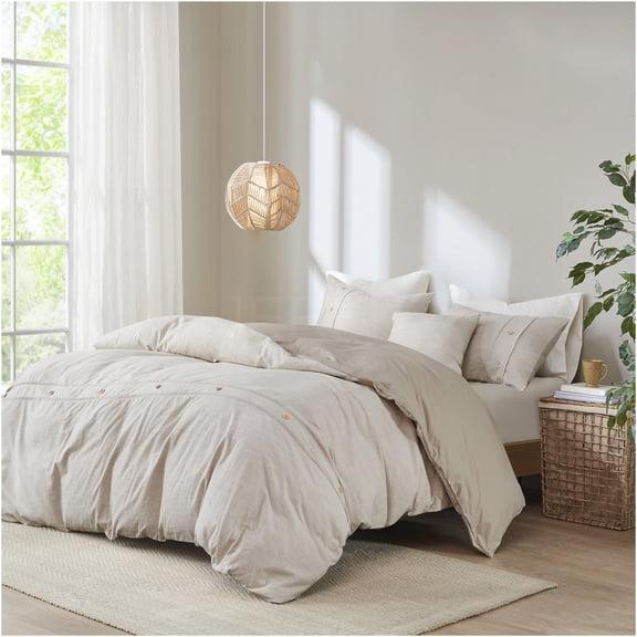 JERFIT Organic Cotton Oversized Duvet Cover Set Full Queen, 5-Piece Farmhouse Style Bedding with Comforter Insert, Shams & Pillow, Natural