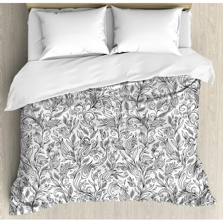 Floral Duvet Cover Set Flowers Swirls Ivy With Leaves Eastern