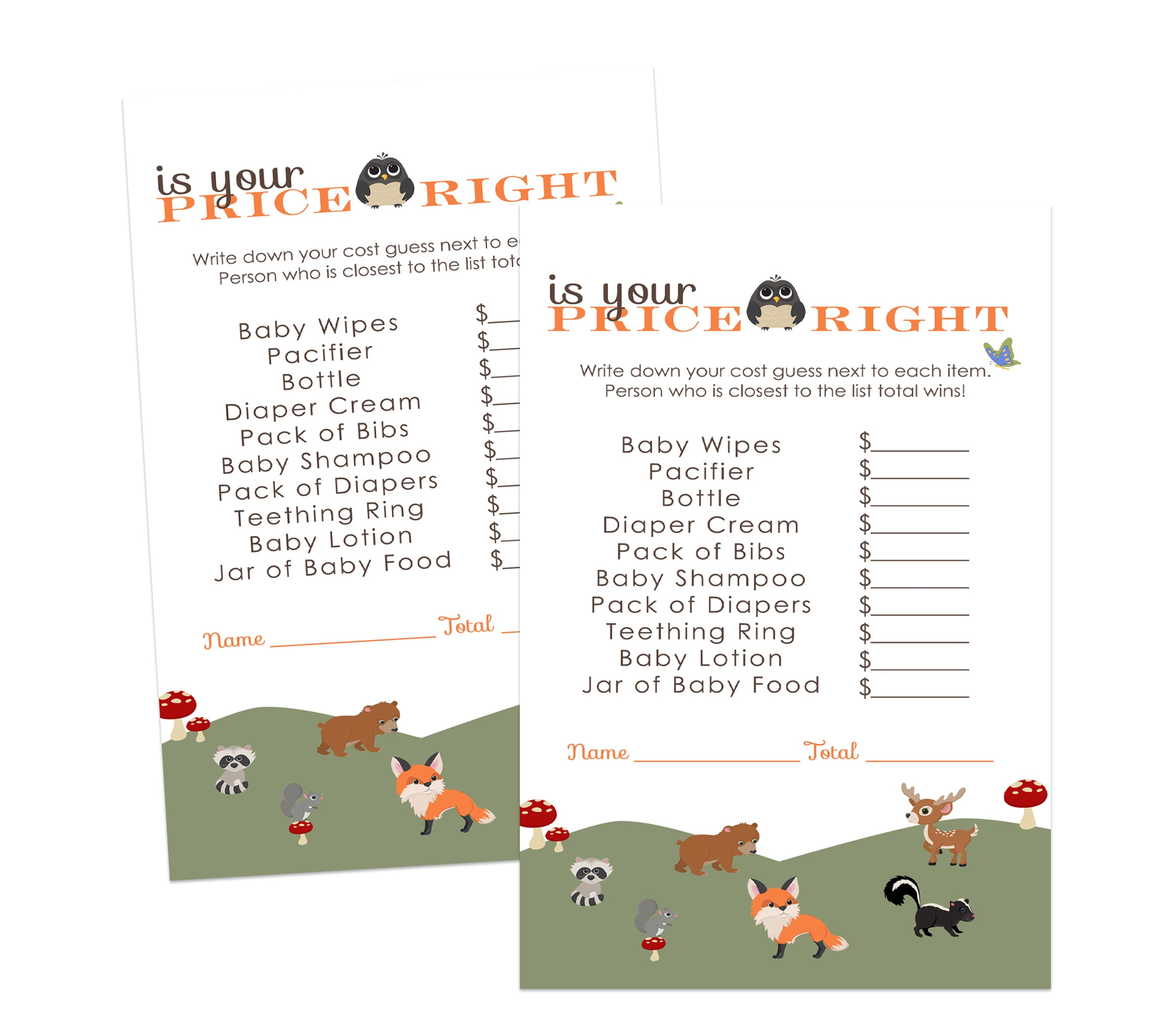 Woodland Guess the Price Right Baby Shower Game Cards 25 Pack Gender Reveal Activity Woodsy Animal Boy or Girl - 4x6 Printed Size Set - Paper Clever Party