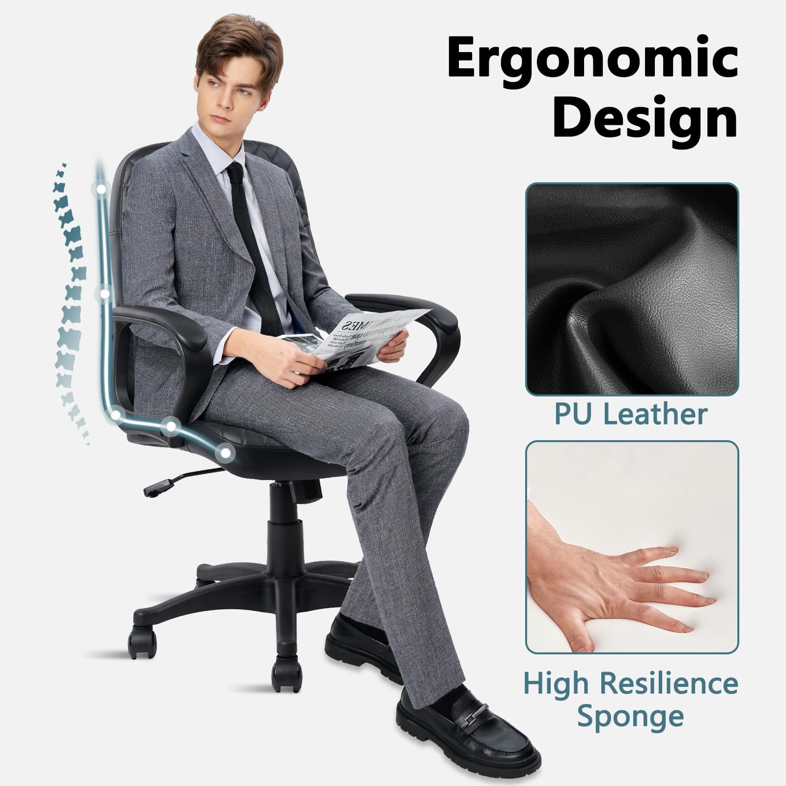CLATINA Office Chair - Mid Back Leather Computer Desk Chair with Wheels, Ergonomic Executive Swivel Chair with Lumbar Support, Armrest for Home Office Black, 2 Pack