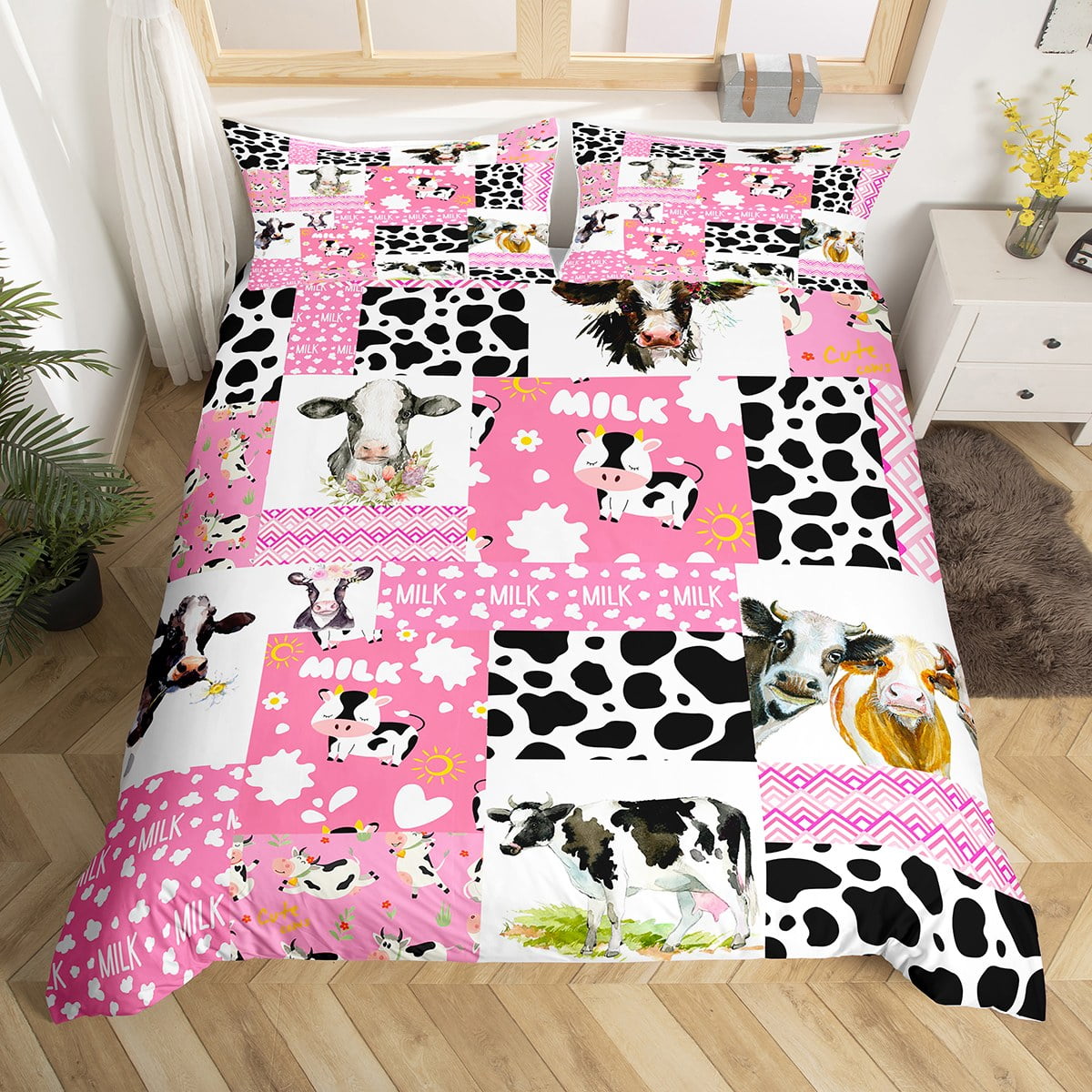 YST Cute Cow Comforter Cover Pink Cow Print Bed Set, Kawaii Animal