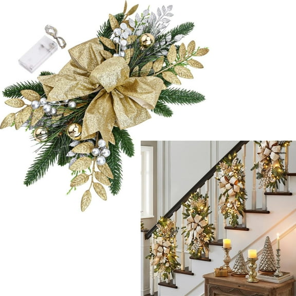 HaCpiu 18" Christmas Swag with LED Lights, Christmas Wreaths Artificial Stairs Christmas Garland, Stair Christmas Swag for Front Door Wall Window Home Xmas Decor