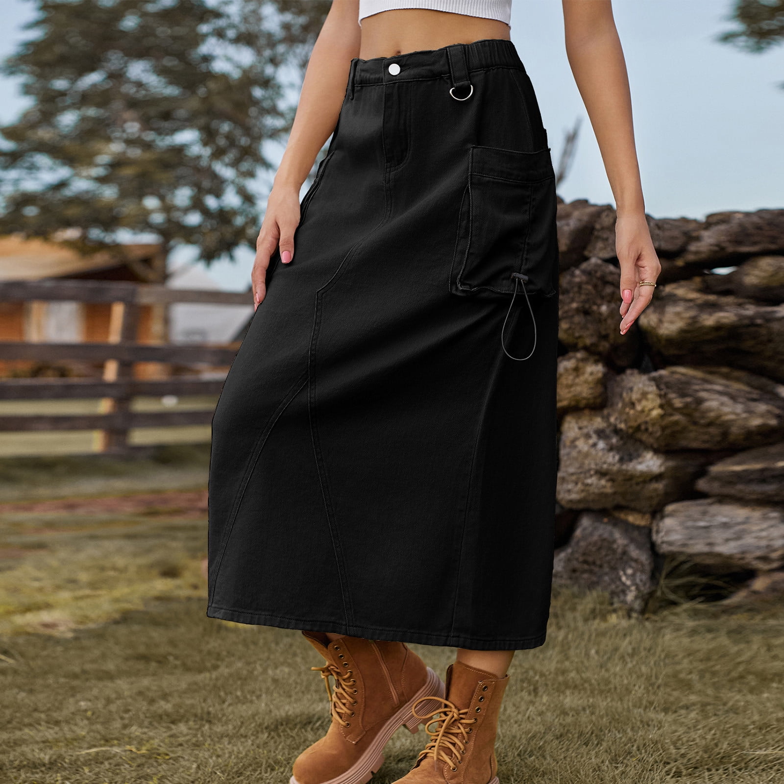 Cavosen Womens Skirts Knee Length Summer Midi Calf Length Cargo Skirts Denim Jean Skirts Plain Pencil Skirts Dress Button Side Pocket Athletic Beachwear Resortwear Black S