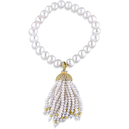Miabella 6-6.5mm and 2-2.5mm White Fancy Cultured Freshwater Pearl with 1-7/8 Carat T.G.W. Cubic Zirconia Yellow Rhodium-Plated Sterling Silver Charm Fashion Bracelet, 7