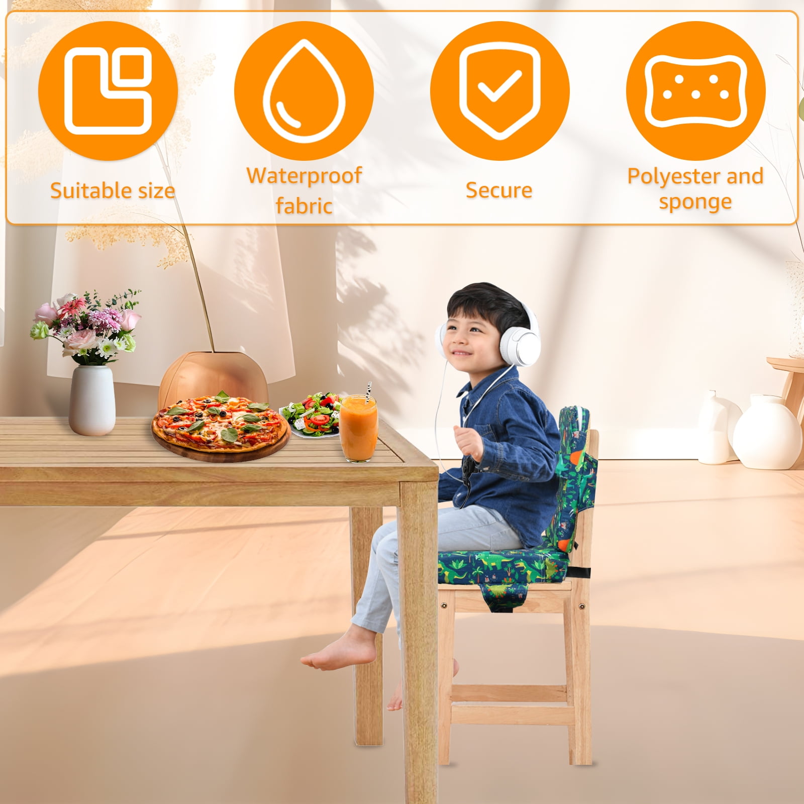 Dznils Toddler Booster Seat for Dining Table, with Backrest, Safety Buckles, Non-Slip Bottom, Green
