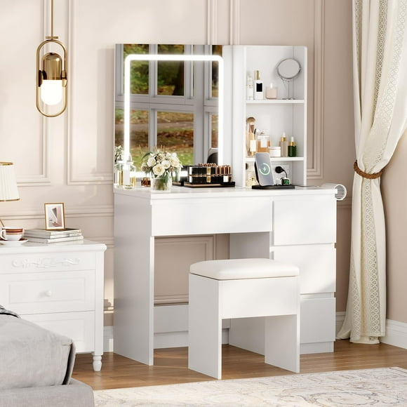 BeesClover Vanity Desk with LED Mirror, Makeup Vanity Desk with 4 Drawers, Power Outlets, Adjustable 3 Lighting Modes, Makeup Vanity Set for Bedroom