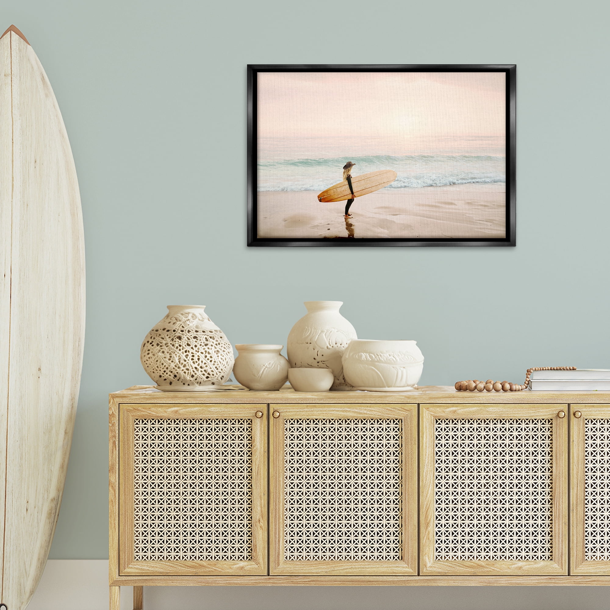 Stupell Industries Surfer Cowgirl on Beach Sports Photography Black Floater Framed Canvas Art Print Wall Art, 31 x 21
