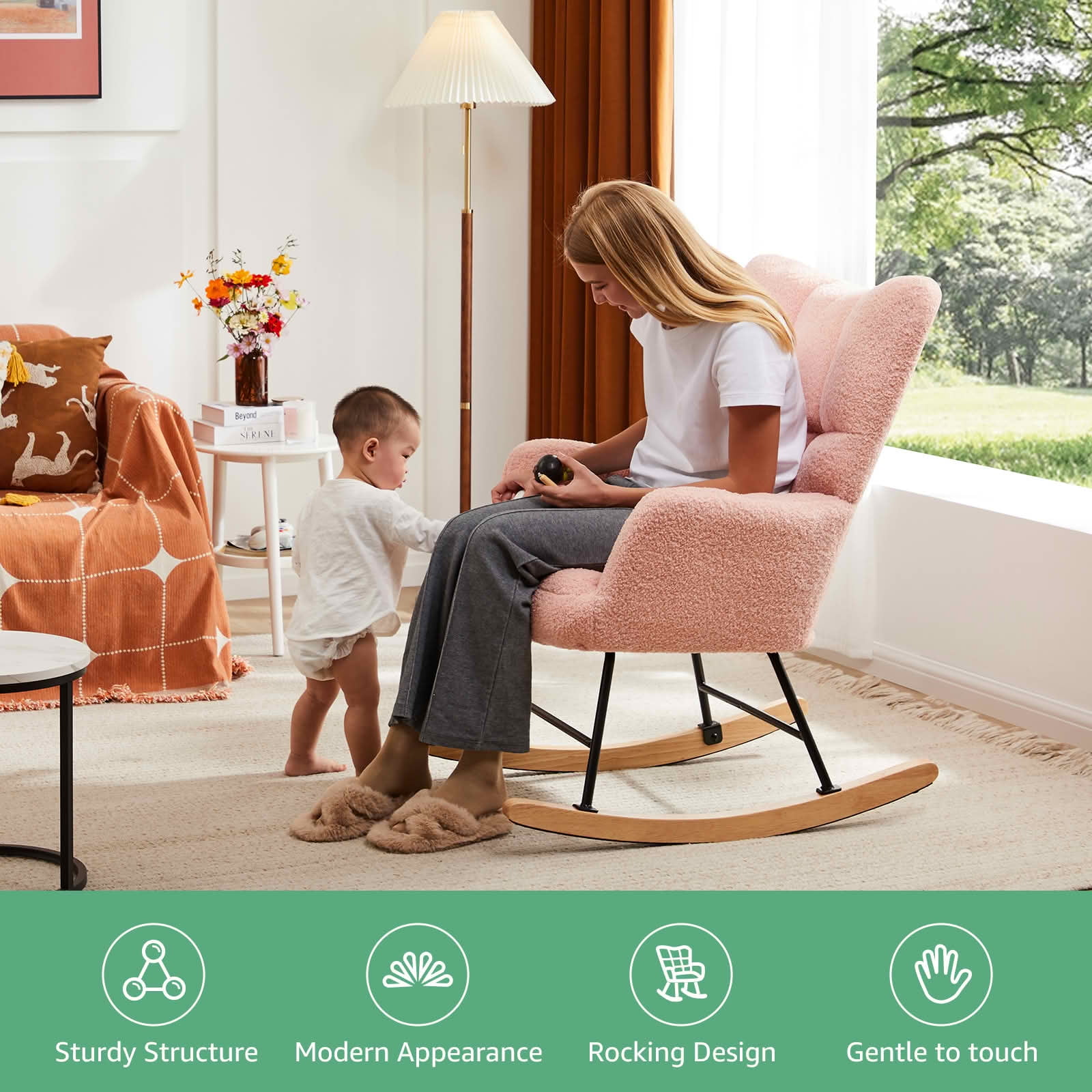 MAYEERTY Teddy Upholstered Modern Glider Rocker High Backrest Reading Chair for Nursery Bedroom Living Room
