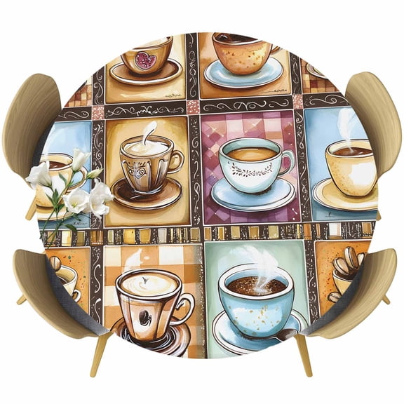 Round Table Cover 36-44 Inch Coffee Check Plaid Waterproof Reusable Table Cloth Round Fitted Vinyl Tablecloth with Elastic Edged for Parties Outdoors, Brown Watercolor Farmhouse