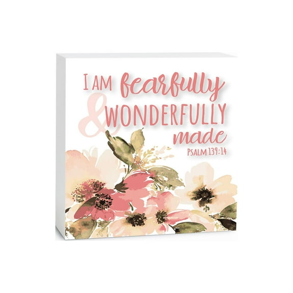 Fearfully Wonderfully Made Pink Floral 5 x 5 Wood Tabletop Sign Plaque