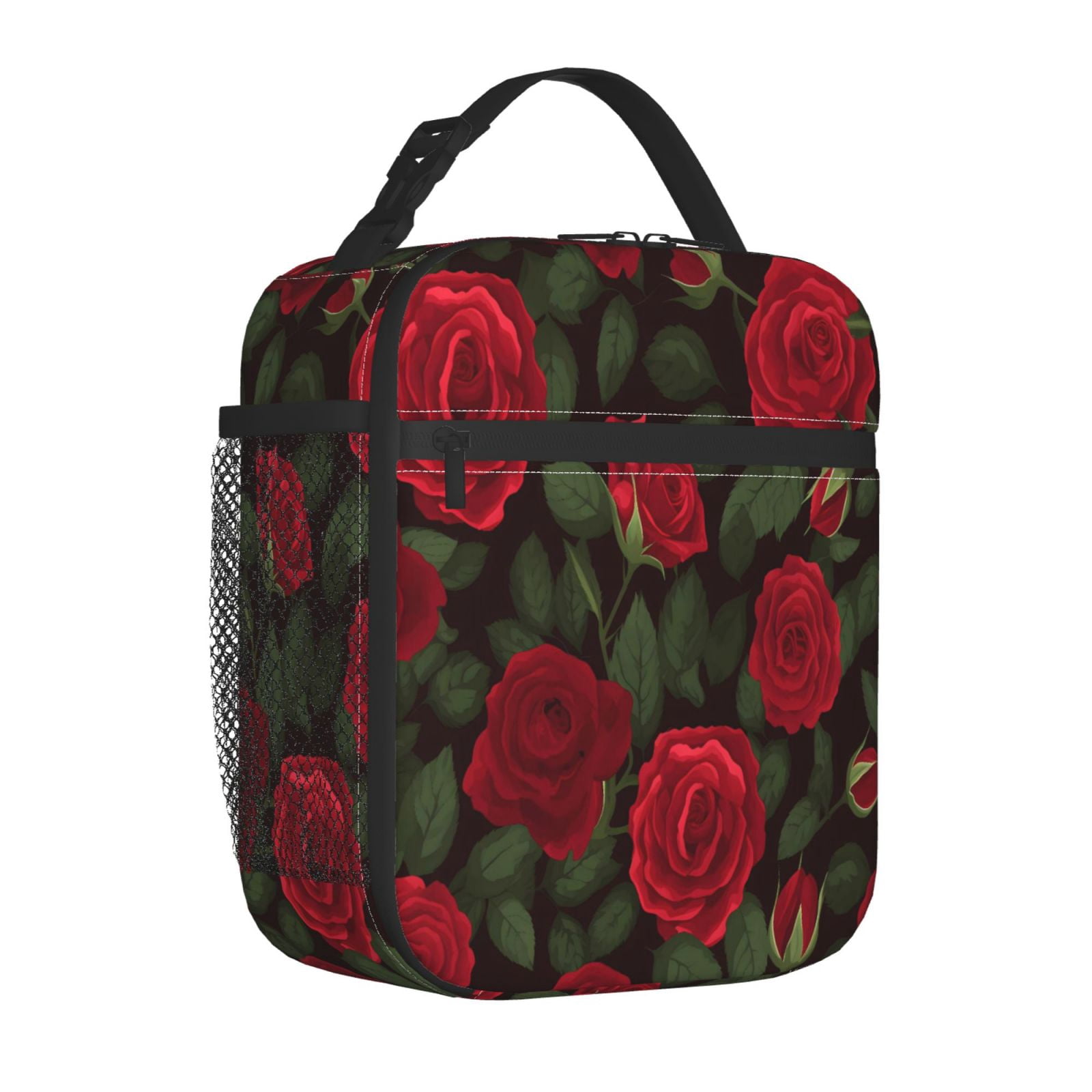 Lunch Bag For Women Men Insulated Portable Lunch Box Bento Box Office Picnic Travel Cooler Bag Red Rose Flower