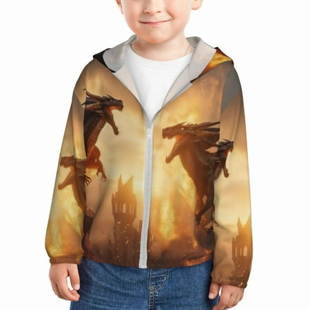 

Qekee Castle Cool Fire Dragon Print UPF 50+ Kids Sun-Protective Hooded Long Sleeve Rash Guard for Fishing Water Beach Sports -5 Years