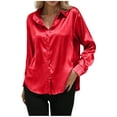 thumbnail image 3 of QATAINLAV Satin Silk Button Down Shirts for Women Long Sleeve Dress Shirt Solid Color Business Work Tops, Red, XL, 3 of 6