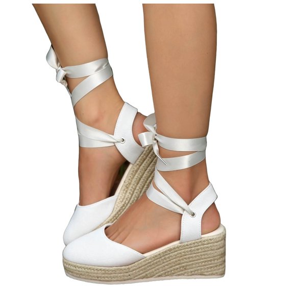 Rokment Espadrilles Platform Dressy Shoes for Women Bride Wedding Summer Fall Elegant Casual Leather Pointed Closed Toe Wedge Heeled Satin Strappy Sandals Beige Size 6