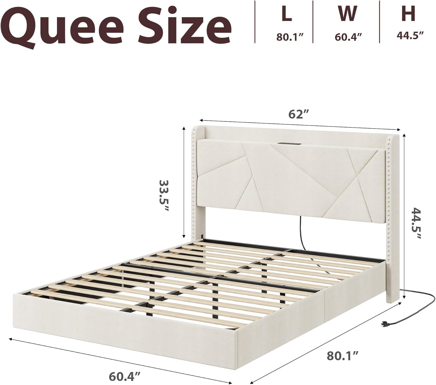 Huisuilinss Floating Bed Frame Full,Queen Size Upholstered Platform Bed With LED Lights & Charging Station,Storage Headboard & Folding Shelves Storage,Metal Slats Support,No Box Spring Needed