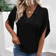 thumbnail image 3 of Women V Neck Lace Blouse Short Sleeved Comfortable Breathable Short Sleeve T Shirt Top Black L, 3 of 5
