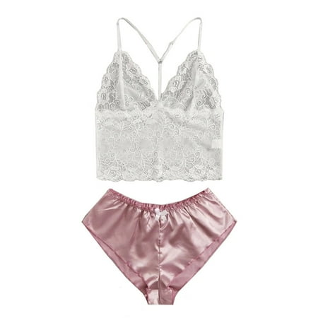 

Qcmgmg Sleepwear Racerback Two Piece Solid Color Pjs for Women Lace Bow Satin Cami Crop Top Pajamas Set XXL