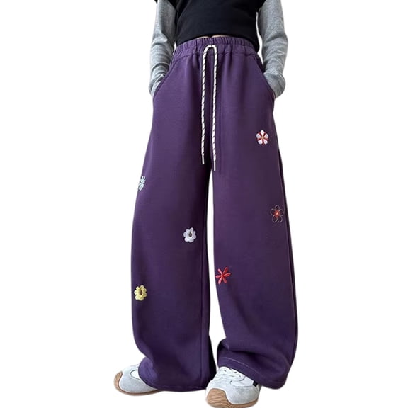 CPNG Girls Sweet Drawstring Sweatpants Flower Embroidered Loose Straight Wide Leg Sweat Pants Elastic High Waist Baggy Joggers