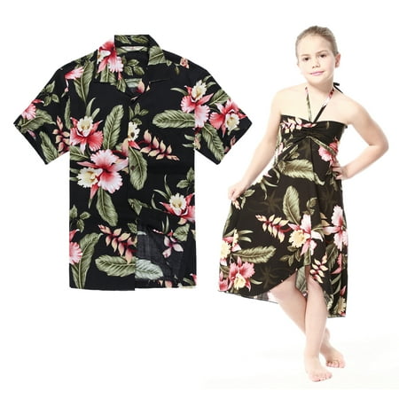 Matching Hawaiian Luau Outfit Men Shirt Girl Dress in Black Rafelsia Men XL Girl