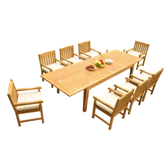Grade-A Teak Dining Set: 8 Seater 9 Pc: 122" Caranas Rectangle Table And 8 Devon Arm Chairs Outdoor Patio WholesaleTeak #51DV2909