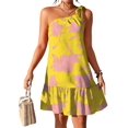 thumbnail image 2 of Women'S One Shoulder Leaf Print Self-Tie Short Dress Sleeveless Tiered Hem Formal Dress Yellow L, 2 of 9
