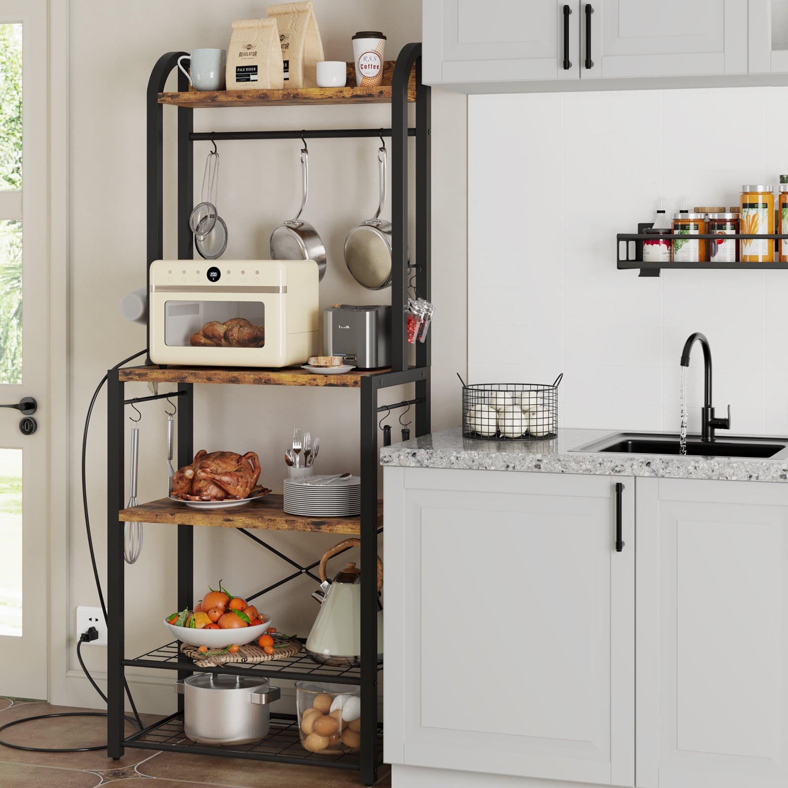 Bakers Rack with Power Outlet, Microwave Stand, Coffee Bar Table