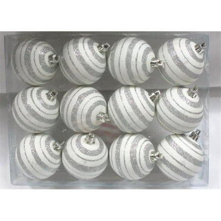 Christmas Value Pack - Queens of Christmas WL-ORN-12PK-LN-SV Silver & White Ball Ornament with Line Design, Pack of 12