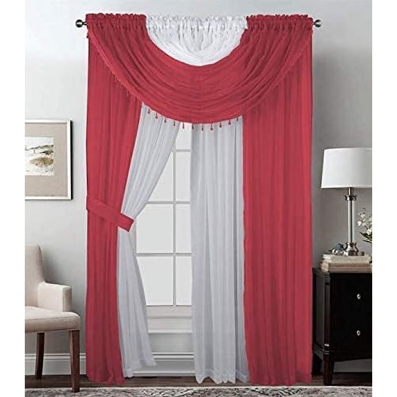 Sapphire Home Complete Window Sheer Curtain Panel Set with 4 Attached Panels 55x63 Each and 2 Valances with Beads and 2 Tiebacks - Easy Installation- Multicolor 63" Red/White