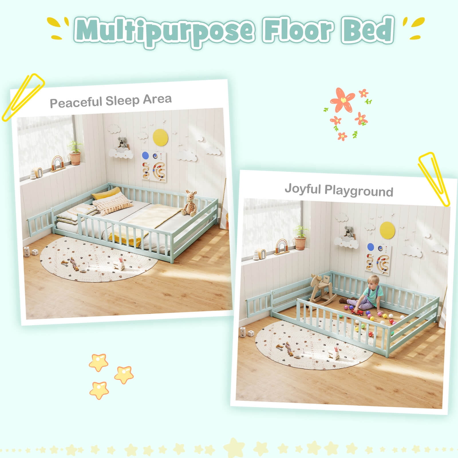 Costway Full Size Floor Bed with Full Length Safety Guardrails & Door for Boys, Girls Mint Sky