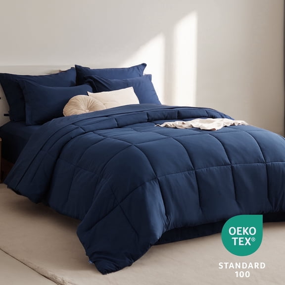 U by Bedsure Queen Comforter Set, 7 Pieces Navy Bedding Sets for All Season, Solid Bed in A Bag with Quilted Fluffy Comforters, Sheets, Pillowcases & Shams