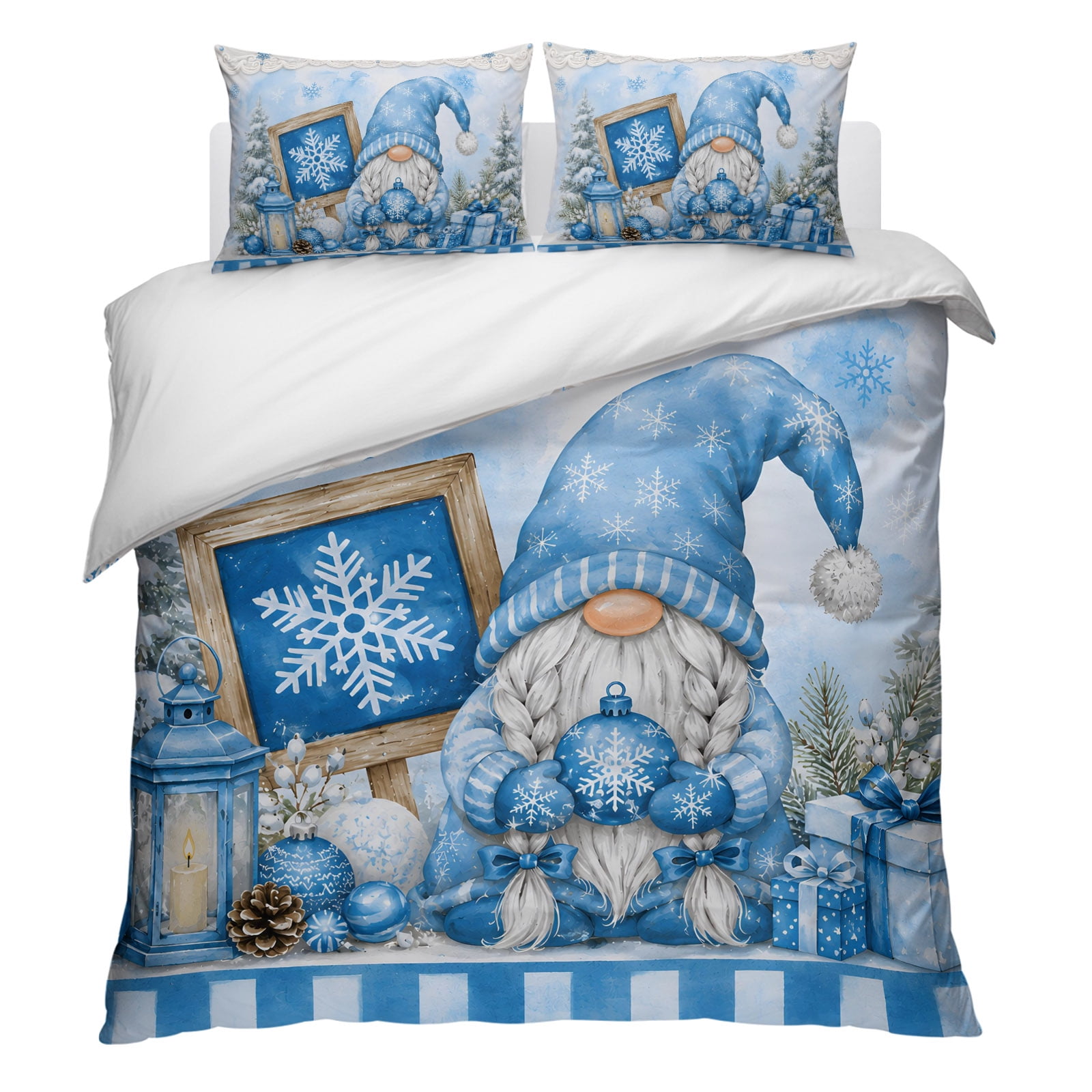 Christmas Twin Duvet Cover Set Winter Blue Hat Gnome Snowflake Gift Boxes Xmas Tree Decorative 3 Piece Bedding Set with Zipper Closure Soft Breathable Microfiber Comforter Cover 2 Pillowcases