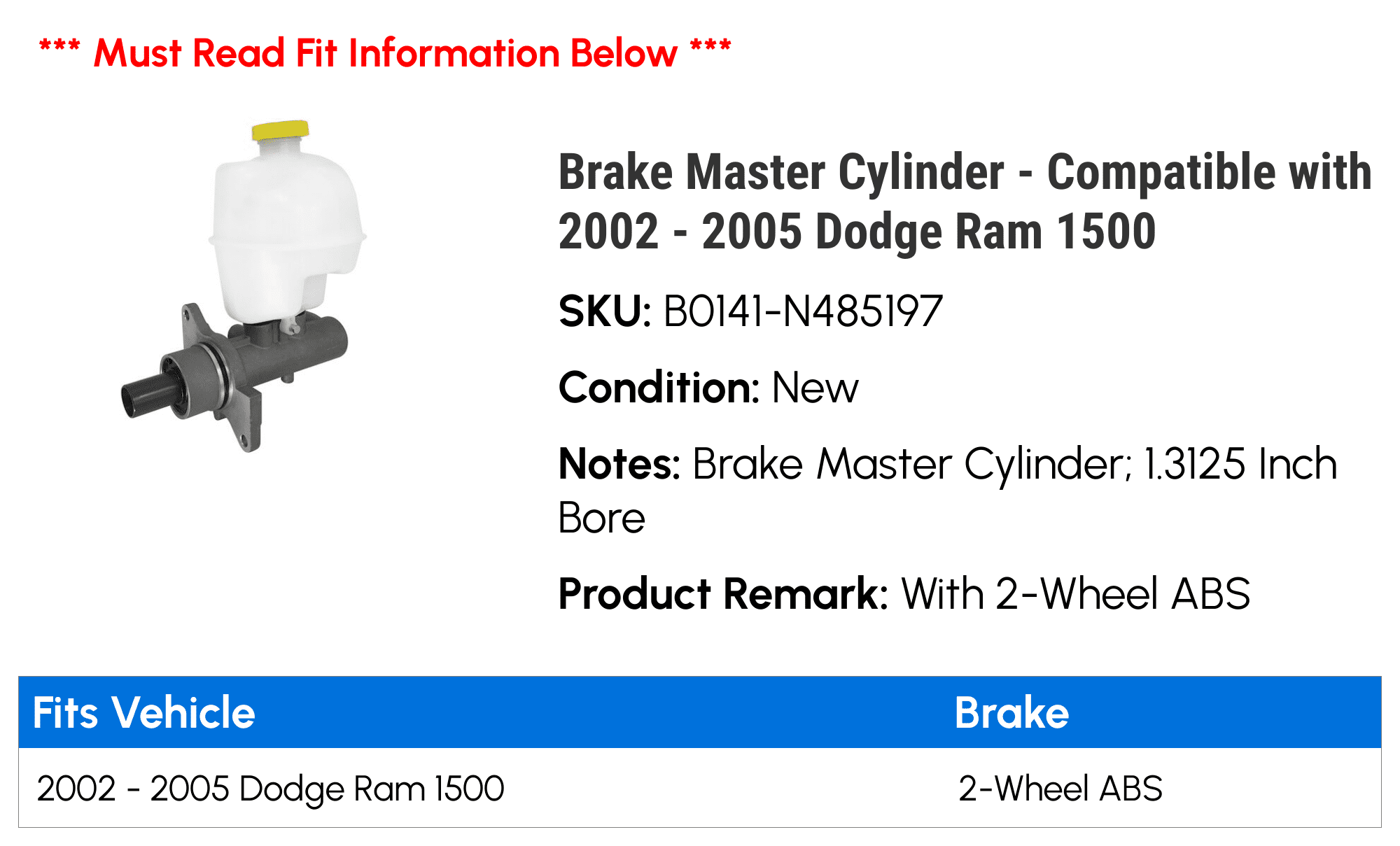 Brake Master Cylinder - Compatible with 2002 - 2005 Dodge Ram 1500 2003 2004