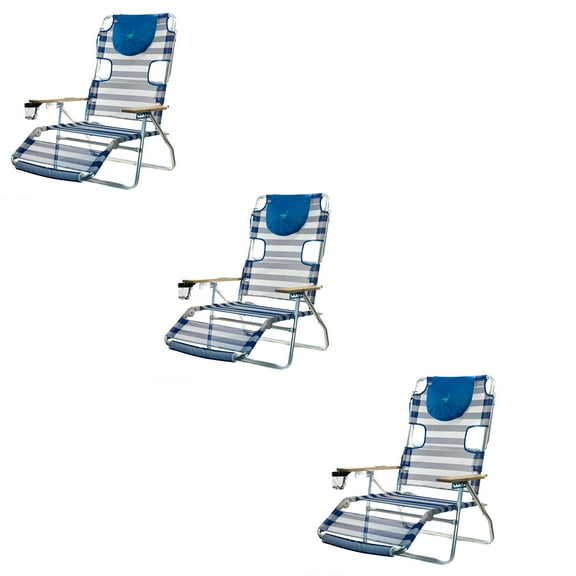Ostrich 3 N 1 Aluminum 5 Position Reclining Beach Chair, Striped (3 Pack)