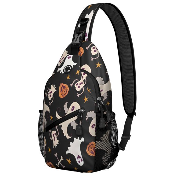 Sling Backpack,Retro Halloween Ghost Pattern Sling Bag with Water Bottle Holder,Waterproof Sling Bag for Men/Women with Headphone Jack for Hiking,Travel