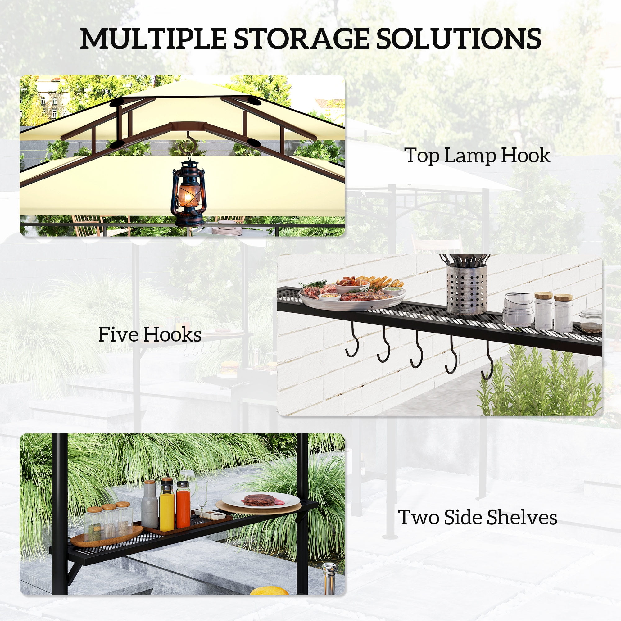 Outsunny 8' x 7.6' Grill Gazebo, Double Tiered Outdoor BBQ Gazebo with Side Awning, 2 Side Shelves and 6 Hooks for Patio, Deck, Yard, Beige