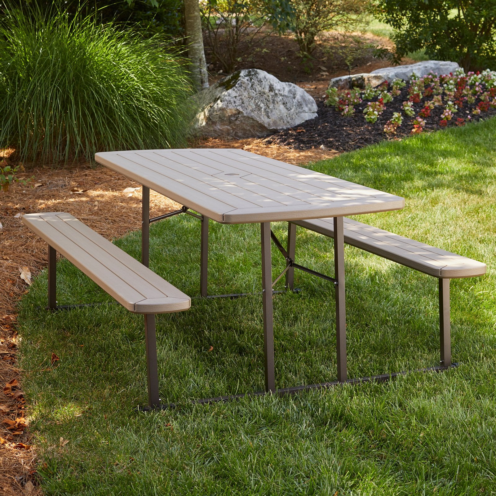 Cosco 6 Ft Folding Blow Mold Picnic Table Gray Wood Grain With Brown Legs