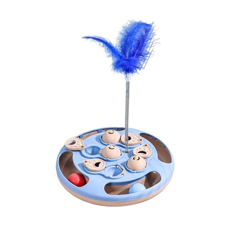 Cat Puzzle Toys,3 in 1 Cat Slow Feeder with Feather Teaser,Treat Dispenser,Balls Track,IQ Training and Mental Stimulating Enrichment Toys for Indoor Cats Interactive,Kitty Gift,Blue