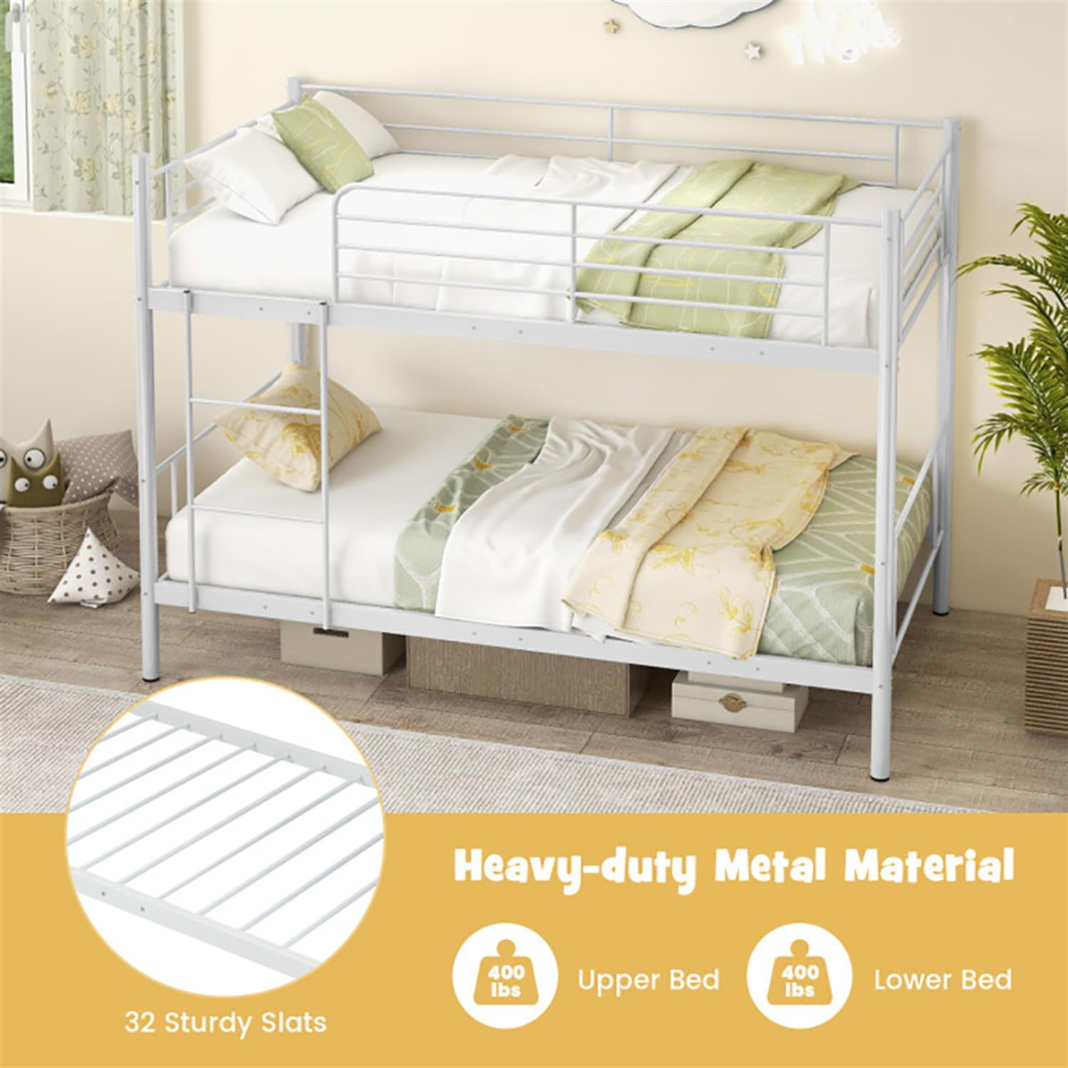 Demi Bonn Metal Bunk Bed Frame Twin Over Twin with Ladder and Full-length Guardrails, Heavy Duty Metal Bed Frame, White