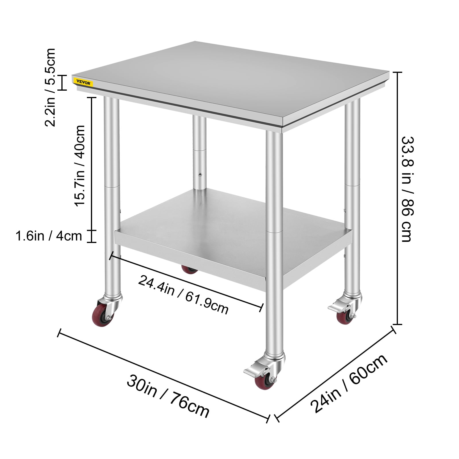 VEVORbrand Stainless Steel Work Table with Wheels 24 x 30 x 32 inch Prep Table with casters Heavy Duty Work Table for Commercial Kitchen Restaurant Business