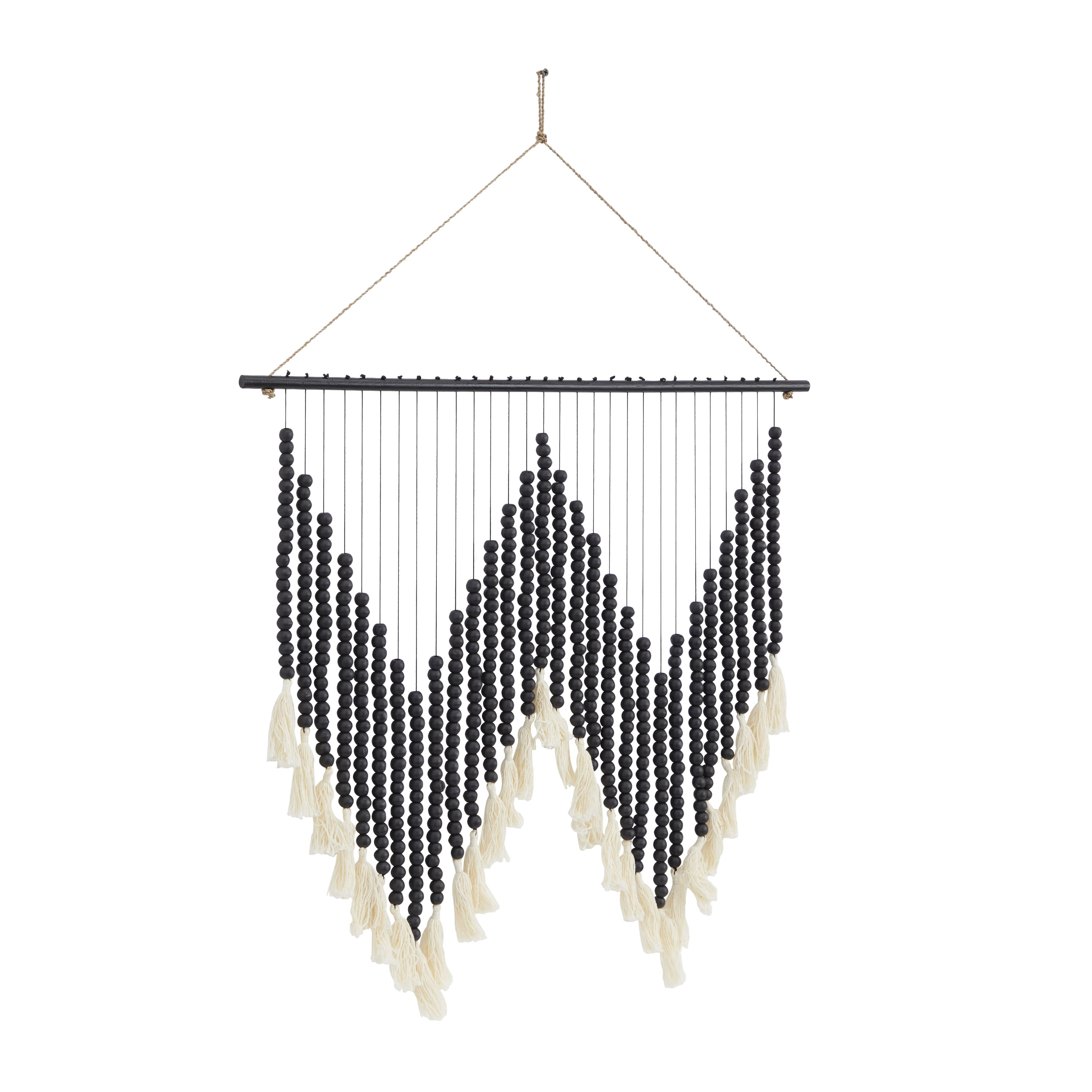 CosmoLiving by Cosmopolitan Black Wood Macrame Handmade Beaded Home Wall Decor with Fringe Tassels, 26" x 1" x 35"