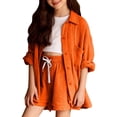 thumbnail image 2 of GiLiling Girls Casual 2 Piece Outfit Linen Long Sleeve Button Down Shirt and High Waist Drawstring Shorts Set (Orange, 7-8 Years), 2 of 9