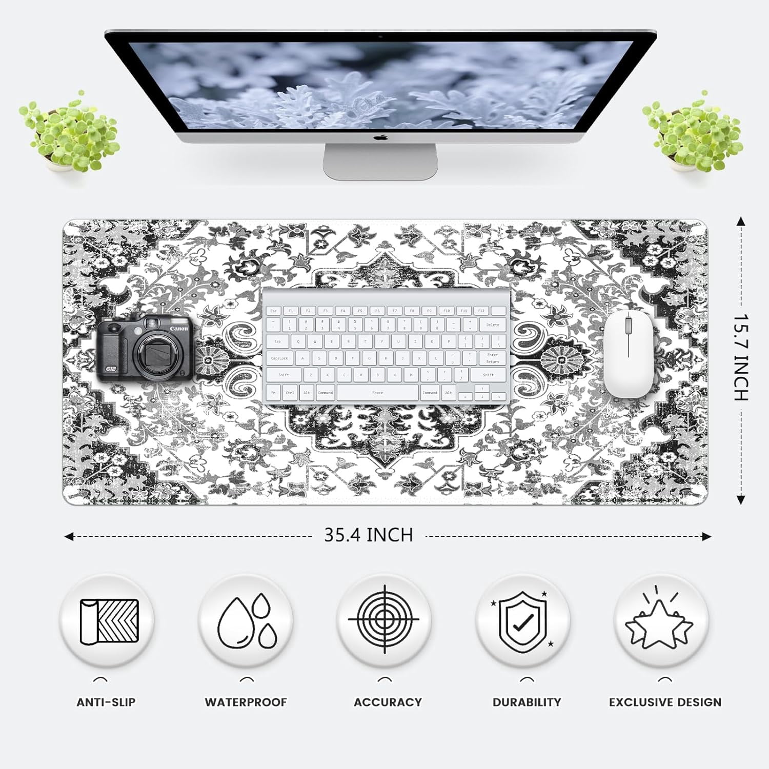 Desk Mat, Boho Large Mouse Pad for Desk, XXL Extended Keyboard Pad Gaming Mouse Pad Office Desk Accessories for Women Desk Organizers, Floral Gray