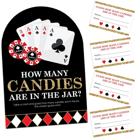 Big Dot of Happiness Las Vegas - How Many Candies Casino Party Game - 1 Stand and 40 Cards - Candy Guessing Game