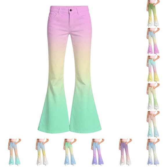 WhouRiu Girls Casual Flared Pants Fashion Gradient Color Rigid Waist Trousers With Pockets Kids Back To School Comfortable Everyday Wear,7-8 Years