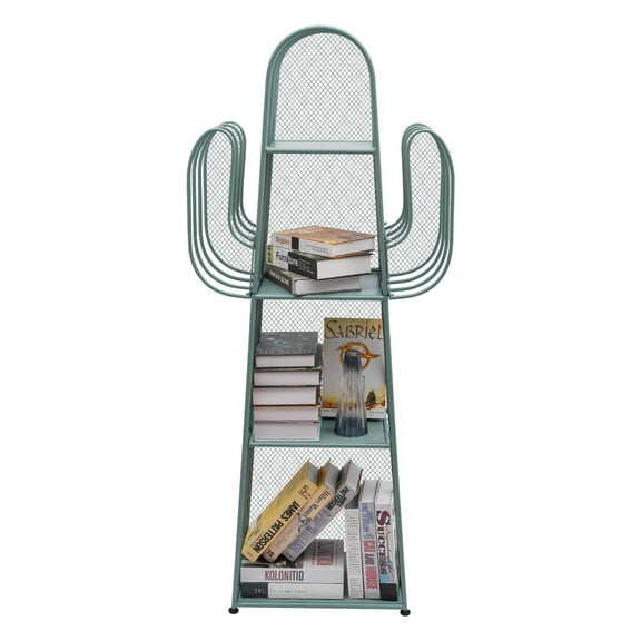 Green 4-Tier Bookshelf Freestanding Bookshelf Cactus-Shaped Ladder Shelf Bookshelf 8 Hooks Display Shelf Flower Rack Storage Organizer for Living Room Bedroom Home Office 16.5*11.8*59in