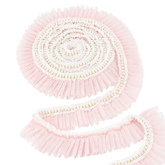 4 Yards Ruffle Trim Ribbon 2-3/8 inch Wide Pink Pleated Tulle Lace Trim with Pearl Beads Decorative Pleated Lace Ribbon for Sewing Clothes Accessories for Wedding Clothes Decor