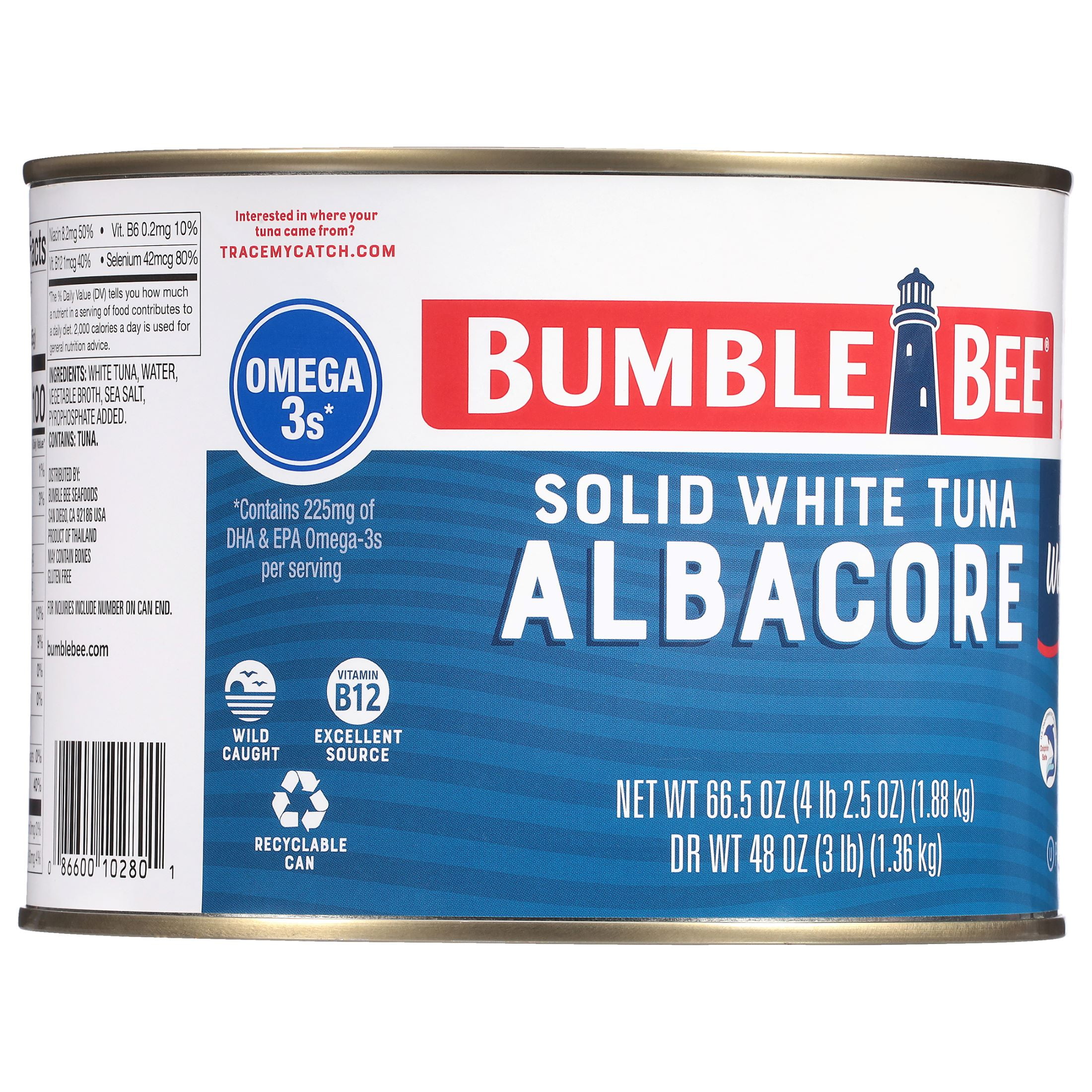 Bumble Bee Solid White Albacore Tuna in Water, Wild Caught, Gluten Free, 22g Protein per Serving, Shelf Stable Can, 66.5 oz