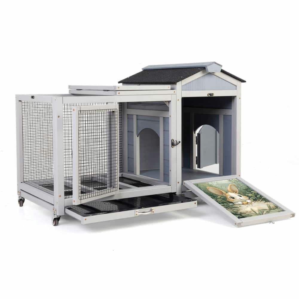 Yardi Yarda Wooden Rabbit Hutch, Small Animal House with Casters, Bunny Cage Pet House with Weatherproof Roof and Removable Tray for Rabbits, Ducks, Squirrels, and Guinea Pigs, Grey